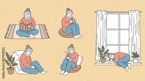 Cozy Winter Activities - A Woman Enjoying Indoor Comforts with Books and Warm Drinks.