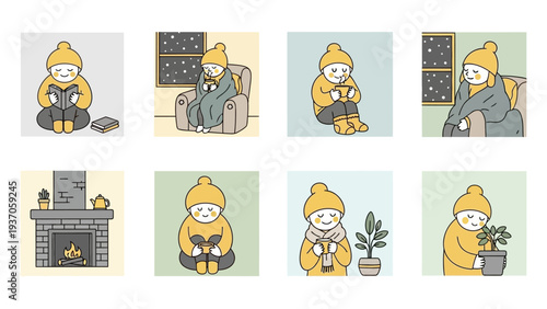 Cozy Winter Activities - A Collection of Illustrations Featuring People Enjoying Indoor Comforts.