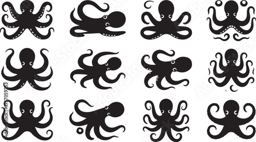 Twelve black octopus arranged in a grid pattern on a white background