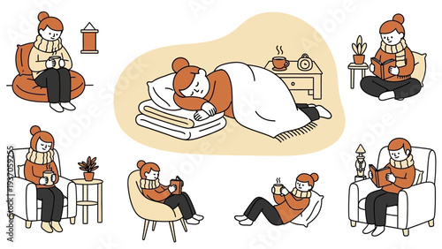 Cozy Winter Activities Collection with Woman Enjoying Indoor Comforts.