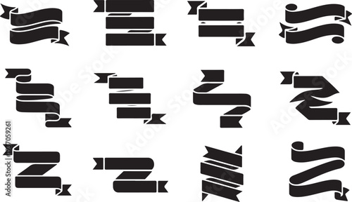 Twelve black ribbon banners with various shapes and orientations on a white background