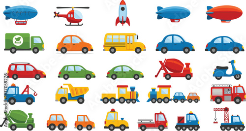 Transportation Vehicle Icon Set with Car Bus Truck Train Helicopter Rocket Scooter Airship and Delivery Transport Vector Illustration.