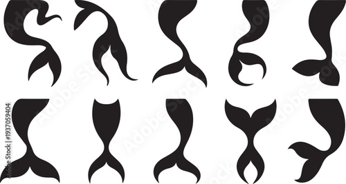 Various black silhouettes of mermaid tails in different styles and shapes white