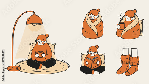 Cozy winter scenes of a person enjoying warm drinks and reading.