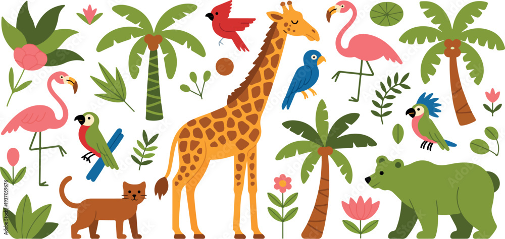 Naklejka premium Adorable tropical jungle animal vector collection featuring giraffe, flamingo, birds, bear, palm trees, and playful nature icons