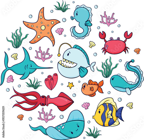 Vibrant underwater world collection with eel and various fish species vector