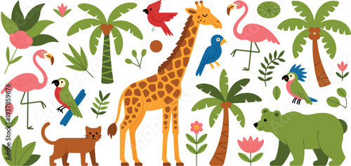 Adorable tropical jungle animal vector collection featuring giraffe, flamingo, birds, bear, palm trees, and playful nature icons
