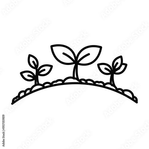 Three sprouting seedlings grow in fertile soil with vibrant leaves and curved stems symbolizing growth and new beginnings