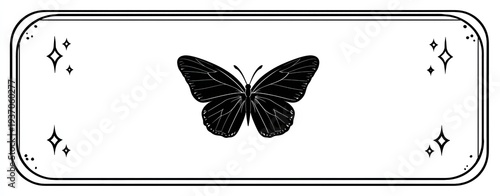 A monochrome illustration features a stylized black butterfly within a rectangular, bordered frame