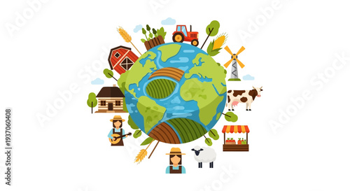 Global Agriculture and Farming Concept. Earth surrounded by farmers, tractor, barn, crops, and livestock, illustrating sustainable food production worldwide.