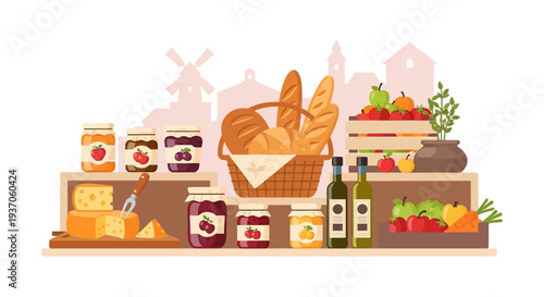 Rustic Farmer's Market Stand: Fresh Bread, Cheese, Jams, Olive Oil, and Produce. Local Grocery Vector Illustration.