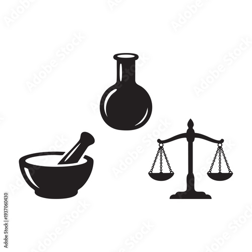 Antique Apothecary Tools Potion Flask Mortar Scale Silhouette Set