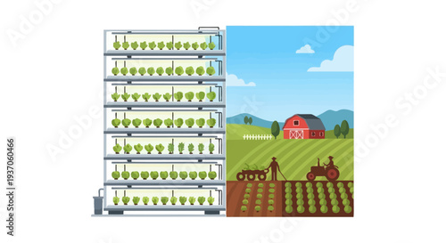 Modern Vertical Hydroponic Farming vs. Traditional Outdoor Agriculture. Future of Food and Sustainability Comparison.
