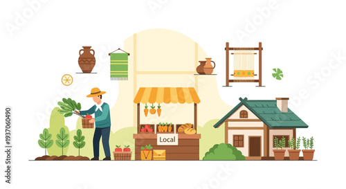 Flat Vector Illustration of Local Farmer Market Stand and Artisan Cottage Scene. Sustainable Farming, Handmade Craftsmanship, and Small Business Concept.