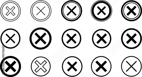 Cross mark circle icon set, cancel and close symbols collection, error delete and wrong sign buttons minimal vector illustration isolated