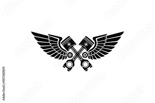 Black and white crossed pistons with wings silhouette vector artwork