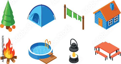 Camping Outdoor Adventure Icon Set with Tent Campfire Cabin Pool Lantern Picnic Table and Nature Travel Vector Illustration.