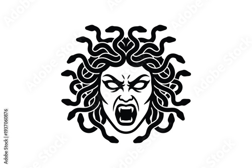 Black and white Medusa head silhouette vector illustration - Screaming Medusa gorgon with snake hair tattoo design