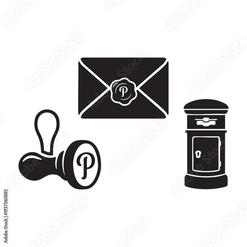 Vintage Postal Elements Envelope Wax Seal Stamp and Postbox Silhouette Set