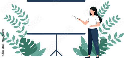 Female teacher giving presentation with projector screen surrounded by green leaves, education concept vector illustration for school training and business presentation