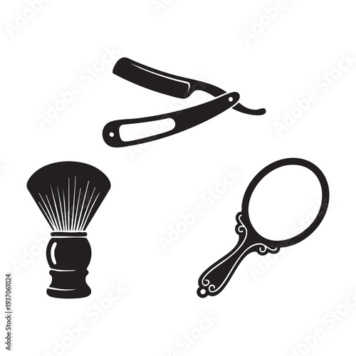 Antique Grooming Elements Straight Razor Shaving Brush and Mirror Set