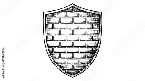 Shield with brick pattern masonry wall texture vector engraving style on white isolated background for protection security badge design