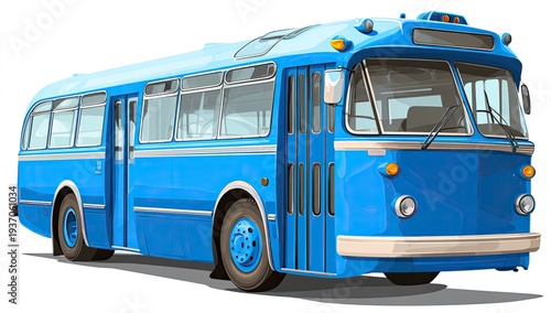 A vintage, articulated blue transit bus with large windows, white trim, and chrome accents