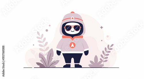 Cartoon figure in hoodie and sunglasses with plants and abstract shapes
