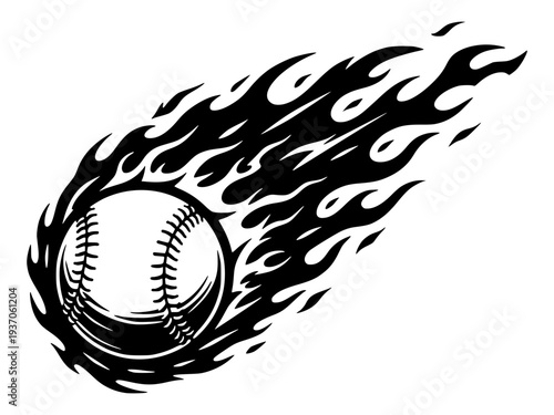 Fast Pitch Flaming Baseball In Motion Silhouette, Fire Trail Sport Graphic Representing Speed Power And High Energy Action