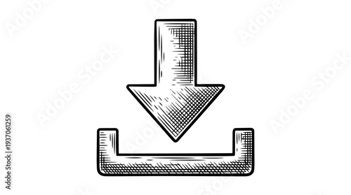 Download icon down arrow into tray symbol vector engraving style on white isolated background for software interface button design