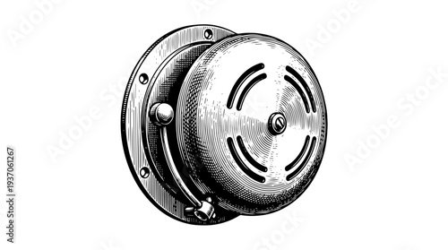 Alarm siren warning horn round speaker device vector engraving style on white isolated background for emergency safety icon design