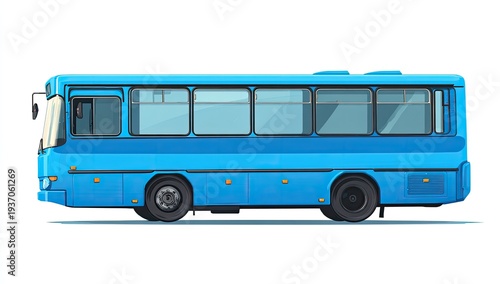 A bright blue passenger bus with large windows, seen from the side