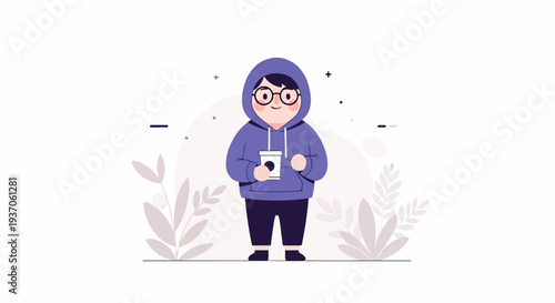 A cheerful person in a hoodie holds a cup, surrounded by stylized plants