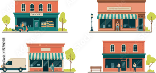 Small business storefront collection featuring grocery market shops with people customers and owners modern flat vector illustration
