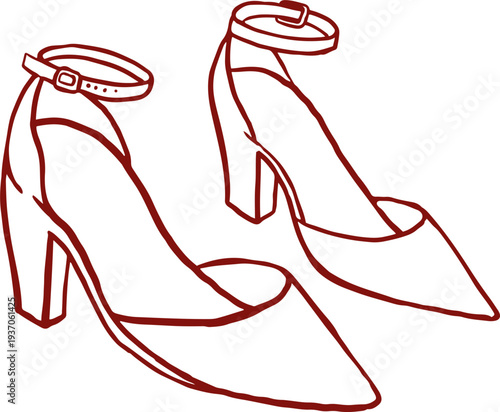 Bridal high heels shoes. Vintage hand drawn wedding line art illustrations and graphic elements series