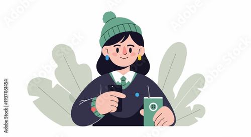 Friendly cartoon person in winter attire with devices and drink
