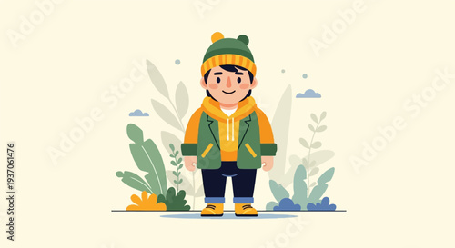 A person in warm clothing stands amidst stylized plants and clouds against a light background