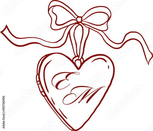 Heart pendant with initials monogram ribbon bow. Vintage hand drawn wedding line art illustrations and graphic elements series