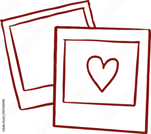 Romantic Polaroid photo frames with heart icon. Vintage hand drawn wedding line art illustrations and graphic elements series