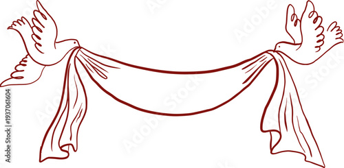 Wedding doves holding draped fabric banner. Vintage hand drawn wedding line art illustrations and graphic elements series