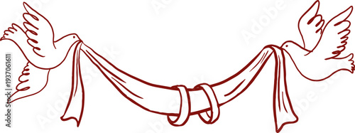 Two doves holding draped fabric banner with wedding rings. Vintage hand drawn wedding line art illustrations and graphic elements series