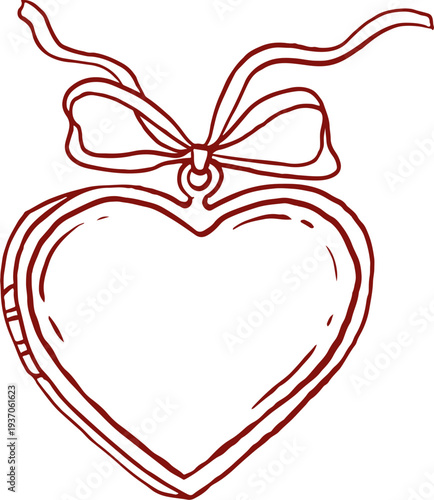 Heart pendant with ribbon bow. Vintage hand drawn wedding line art illustrations and graphic elements series