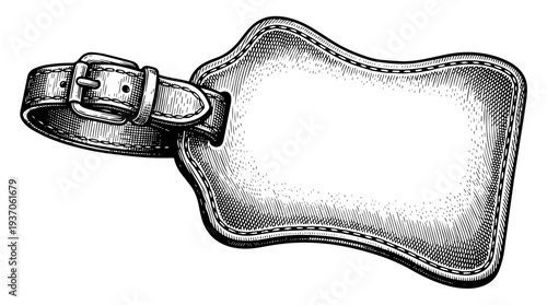 Luggage tag with strap and buckle label area vector engraving style on white isolated background for travel baggage identification design