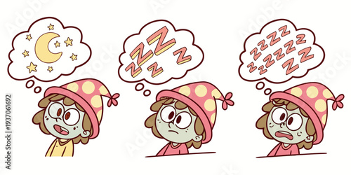 Problem of insomnia, obsessive thoughts and psychological problems. Sleep problems stickers in cartoon groovy style. Hand drawn vector illustration. vector icon