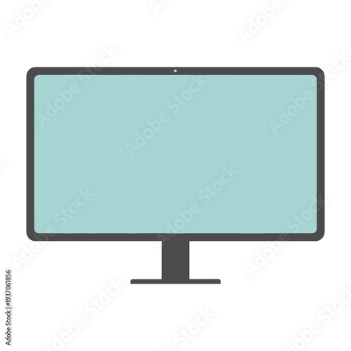 Modern flat screen computer monitor displays blank teal screen in minimalist workspace setup with neutral tones