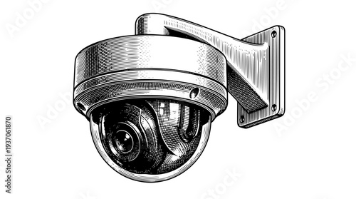 Dome security camera with lens wall mount vector engraving style on white isolated background for surveillance system icon design
