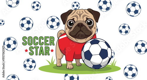 Cute pug dog soccer player with football wearing red jersey, funny sports animal illustration with soccer balls background vector design