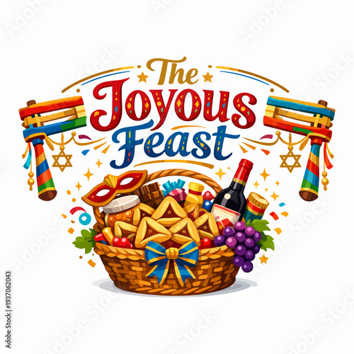 Vibrant The Joyous Feast logo with festive basket of wine, fruit, and pastries, representing abundance, culture, gratitude, and happiness shared during Purim celebration