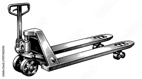Pallet jack with forks and wheels vector engraving style on white isolated background for warehouse logistics poster design