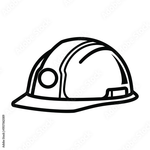 White hard hat with attached miner's lamp and secure brim for construction or mining safety